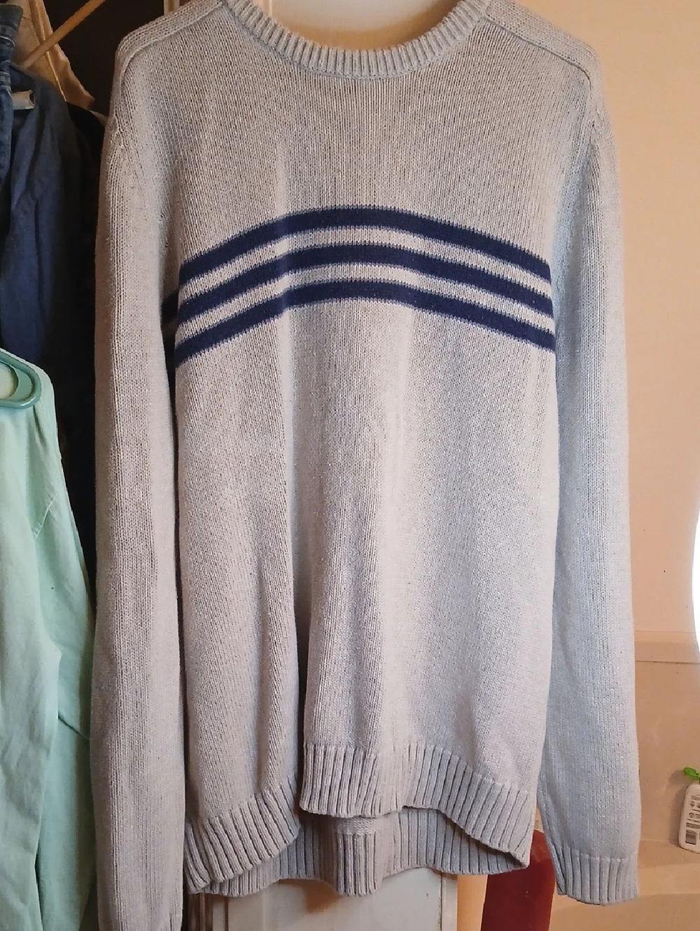 J. Crew Light Beige Crewneck Sweater with Navy Triple‎ Stripes,mens SzXL